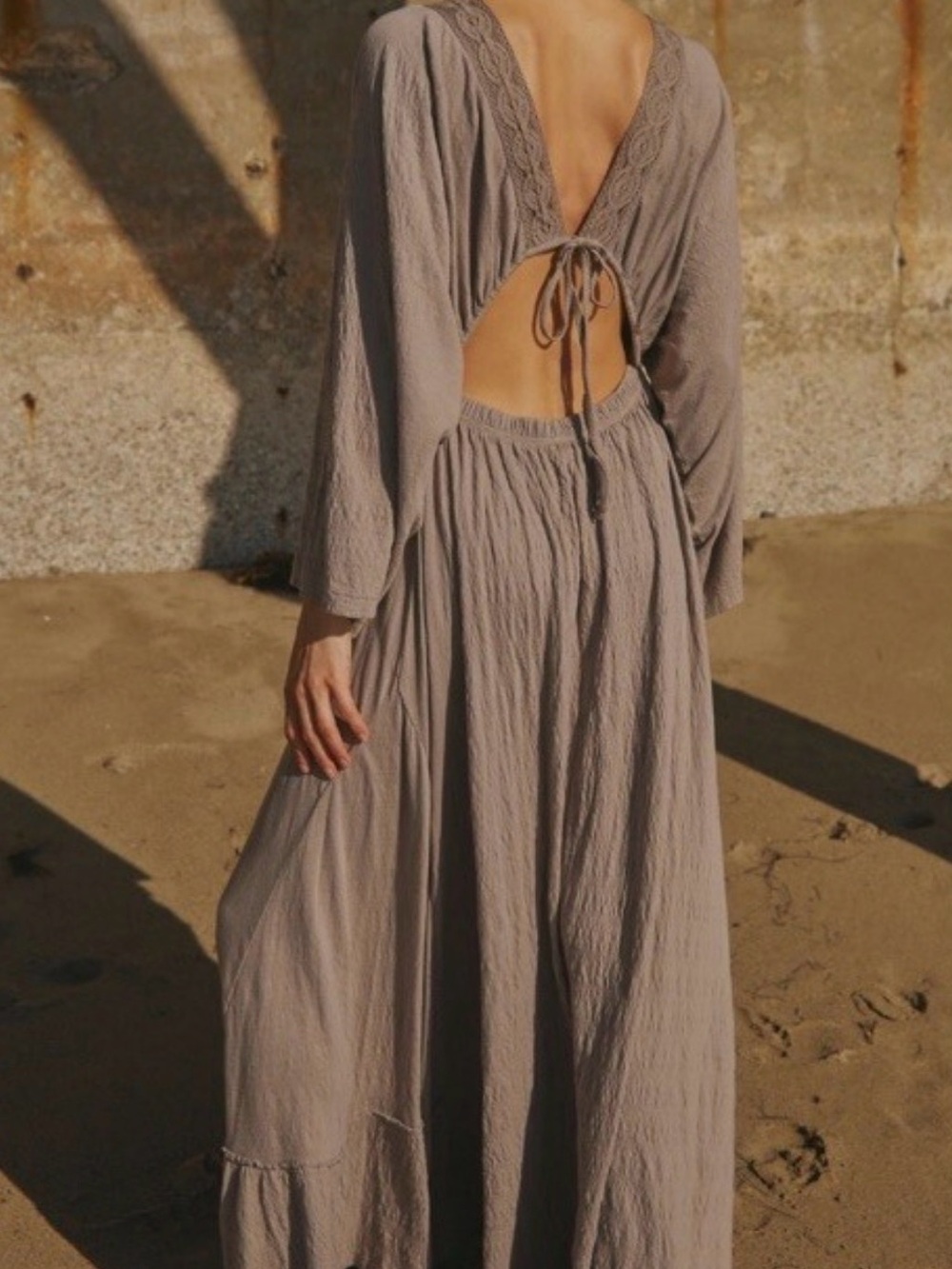 Sexy Free People Beach Back-Tie Maxi Dress in Taupe